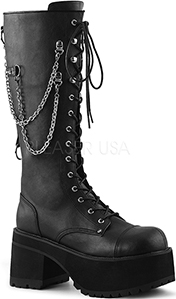 Black pu women's vegan platform Demonia Ranger knee boot with chain and side zip