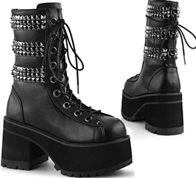 Black pu women's vegan pu 3 3/4 inch platform lace up Demonia Ranger ankle boot with studs, back horseshoe ring detail