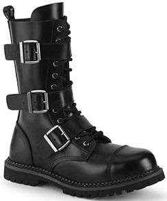 Pleaser black leather guys' 12 eyelet lace up steel toe combat sole ankle boot with inside zip closure