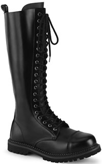 Pleaser black leather guys' 20 eyelet lace up steel toe combat sole ankle boot with inside zip closure
