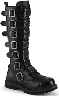 Pleaser/Demonia black leather guys' 20 eyelet lace up steel toe combat rubber sole ankle boot with inside zip closure