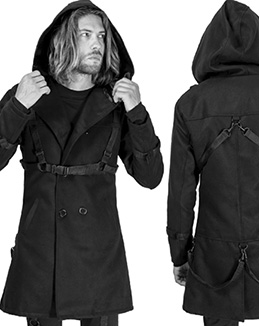 Vixxsin men's black Salem viscose poly hooded zip front 3/4 length coat with straps