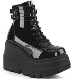 Pleaser/Demonia black patent vinyl 4 1/2 inch wedge platform women's Shaker ankle boot with side zip