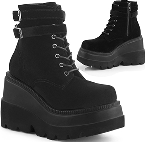 Pleaser/Demonia black velvet 4 1/2 inch wedge platform women's Shaker ankle boot with side zip