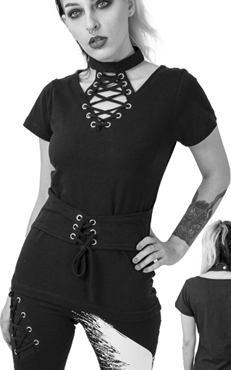 Vixxsin black cotton elastane ladies short sleeve laced up front halter top with corset belt detail