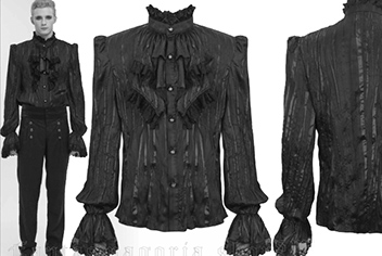 Devil Fashion mens crinkle black poly satin Sylph shirt with stand collar, jabot 