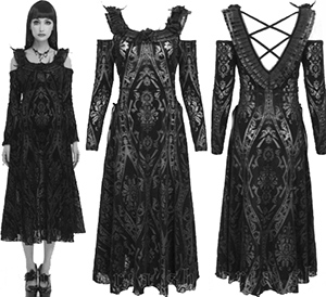 Devil Fashion black poly spandex burnout velvet ruffle neckline fit and flare v back Grimoire long dress