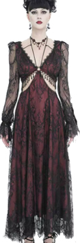 Devil Fashion black/burgundy poly lace elegant Blood Seer long dress with gathered sleeve cuffs, back lacing