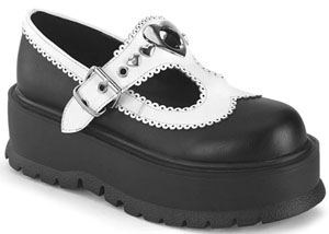 Pleaser/Demonia black/white pu lace up 2 inch platform women's t-strap Mary Jane Slacker shoe