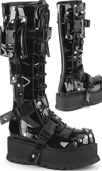 Pleaser/Demonia black patent lace up 2 inch platform women's knee high Slacker boot with back metal zip