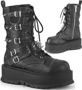 Pleaser/Demonia black pu lace up 2 inch platform women's mid calf Slacker boot with side zip, buckle straps, spikes