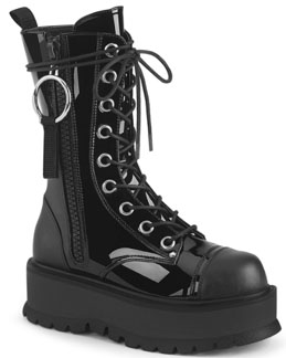 Pleaser/Demonia black patent pu lace up 2 inch platform women's mid calf Slacker boot with outside zip