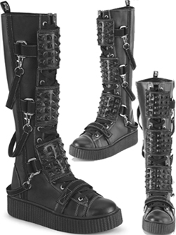  Demonia /Pleaser black pu creeper sole lace up knee high Sneaker boot with straps, black spikes 