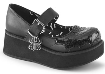 Pleaser/Demonia black patent pu 2 1/4 inch platform mary jane Sprite shoe with spider charm and cross