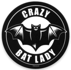 Sourpuss black and white Crazy Bat Lady vinyl 3 inch sticker