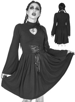  Poizen Industries witchy black stretch poly Stranger dress with attached corset, high neck, open chest, flared sleeves and skirt