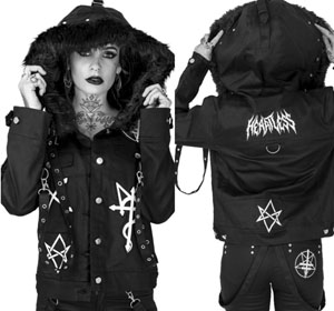 Heartless ladies' black Strix jacket with straps, unicursal hexagram and other symbols
