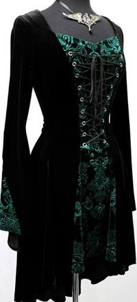 Shrine black stretch velvet with emerald green center panel Dragon Lady dress.
