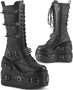 Pleaser/Demonia pu 5 1/2 inch platform lace up Swing ankle boot with buckle straps, spikes, inside zip