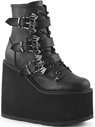 Pleaser/Demonia black patent 5 1/2 inch wedge platform ankle boot with 3 buckle straps, side zip
