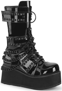 Pleaser/Demonia black patent 3 1/4 inch platform mid calf boot with hook and loop strap, back zip