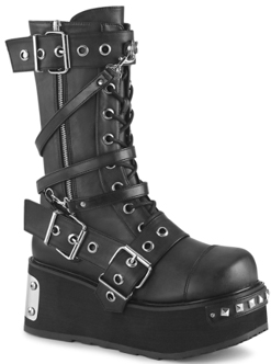 Pleaser/Demonia black pu 3 1/4 inch platform mid calf Trashville boot with buckle straps, zip