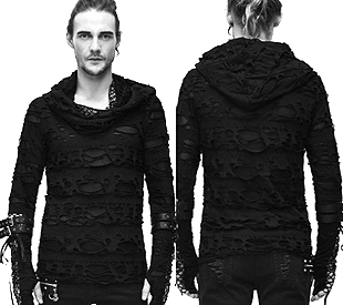 Devil Fashion black poly rayon spandex stretch distressed men's Brutalism hooded top with sleeve lacing, mesh accents, thumbholes, buckle straps 