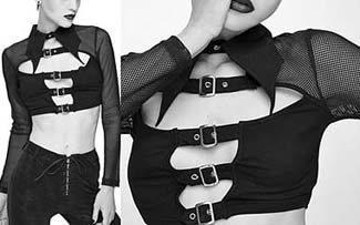 Devil Fashion black jersey/fishnet long sleeve crop top with collar