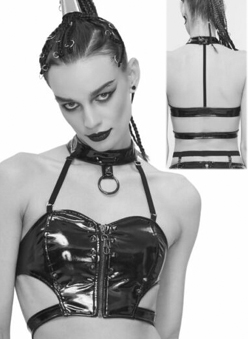Devil Fashion black pu vinyl choker harness ladies' crop top