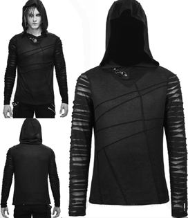 Devil Fashion slashed sleeve men's black poly rayon spandex knit hooded long  double layer sleeve TerrorFrequenze top