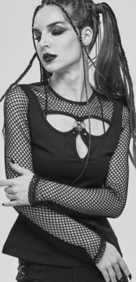 Devil Fashion black fishnet long sleeve ladies top with cut out front, buckle shoulder straps, eyelet detail