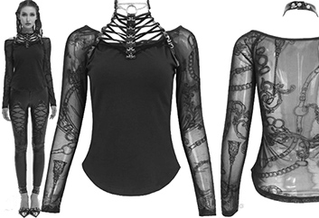 Devil Fashion Rockoco long sleeve black poly spandex cotton synthetic leather jersey/flocked mesh top