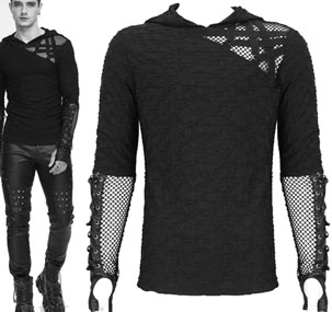 Devil Fashion Doomrider  sleeve black textured poly elastane men's top with hood, thumbholes, asymmetric shoulder mesh and straps