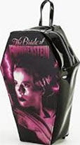 Rock Rebel black vinyl pink Bride of Frankenstein coffin backpack
