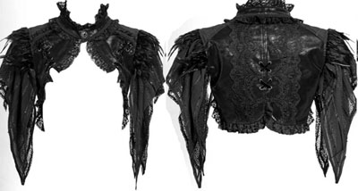 Red Night Gothic The Crow ladies' romantic gothic black chiffon butterfly sleeve embroidered poly cotton pu nylon spandex bolero jacket with shoulder feathers, lace applique, standing frill collar, buttons