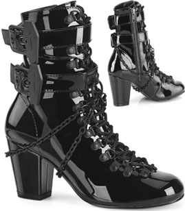 Pleaser/Demonia black patent 3 inch heel Vivika ladies' ankle boot with coffin buckles, chain