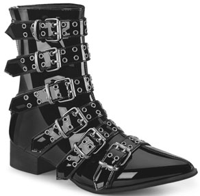 Pleaser/Demonia black vegan leather 1 1/2 inch block heel pointed toe ankle boot with side zip, straps with black coffin buckles
