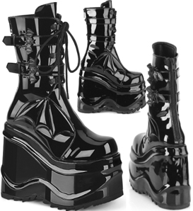 Pleaser/Demonia black patent 6 inch wedge platform mid calf boot with back metal zip