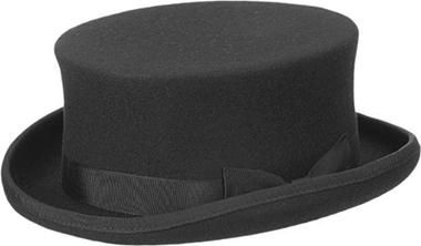 Scala black wool felt 4 inch structured Steampunk top hat with bound 1 3/4 in brim, grosgrain band, satin lining 