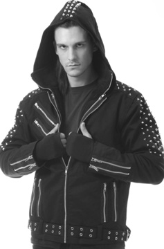 Heartless men's black cotton poly Whistler belted hoodie jacket with front zip, zip pockets, studs.