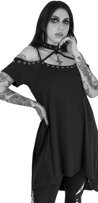 Heartless short sleeve ladies' black cold shoulder hi lo Wiccan tunic top/dress with eyelets and choker detail