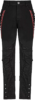 Punk Rave Arachnid men's slim fit black cotton elastane trousers with spiderweb fabric accents, lace up side with red accent, zip fly