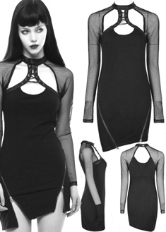 Punk inclined pendulum Punk Rave dress with fishnet long sleeves, laced up neck