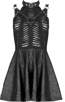 Punk Rave short shredded flared cotton/elastane/poly high waist halter dress with spiderweb mesh inset, buckle collar