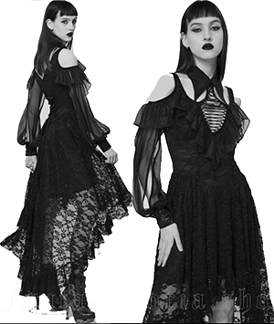 Punk Rave long high low Lace Embrace black chiffon lace dress with lace up detail, bishop sleeves