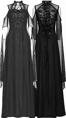 Punk Rave Gothic Palace long black poly chiffon high neck a-line dress with floral lace, side zip, cold shoulder, basque bodice
