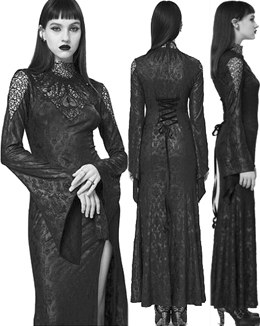 Punk Rave Night Withered lace mock turtle neck long bell sleeve dress