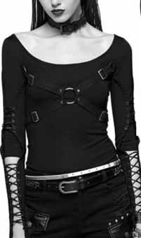 Devil Fashion black punk hollow out womens' stretch pullover t-shirt top with sleeve lacing, buckle front