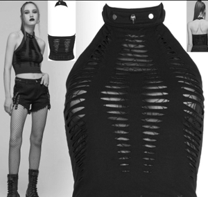 Devil Fashion distressed black fabric ladies Atomic Skies crop halter top