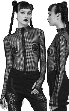 Devil Fashion ladies black sexy elastic mesh Rave Slave shirt with tiny stud sleeve trim.